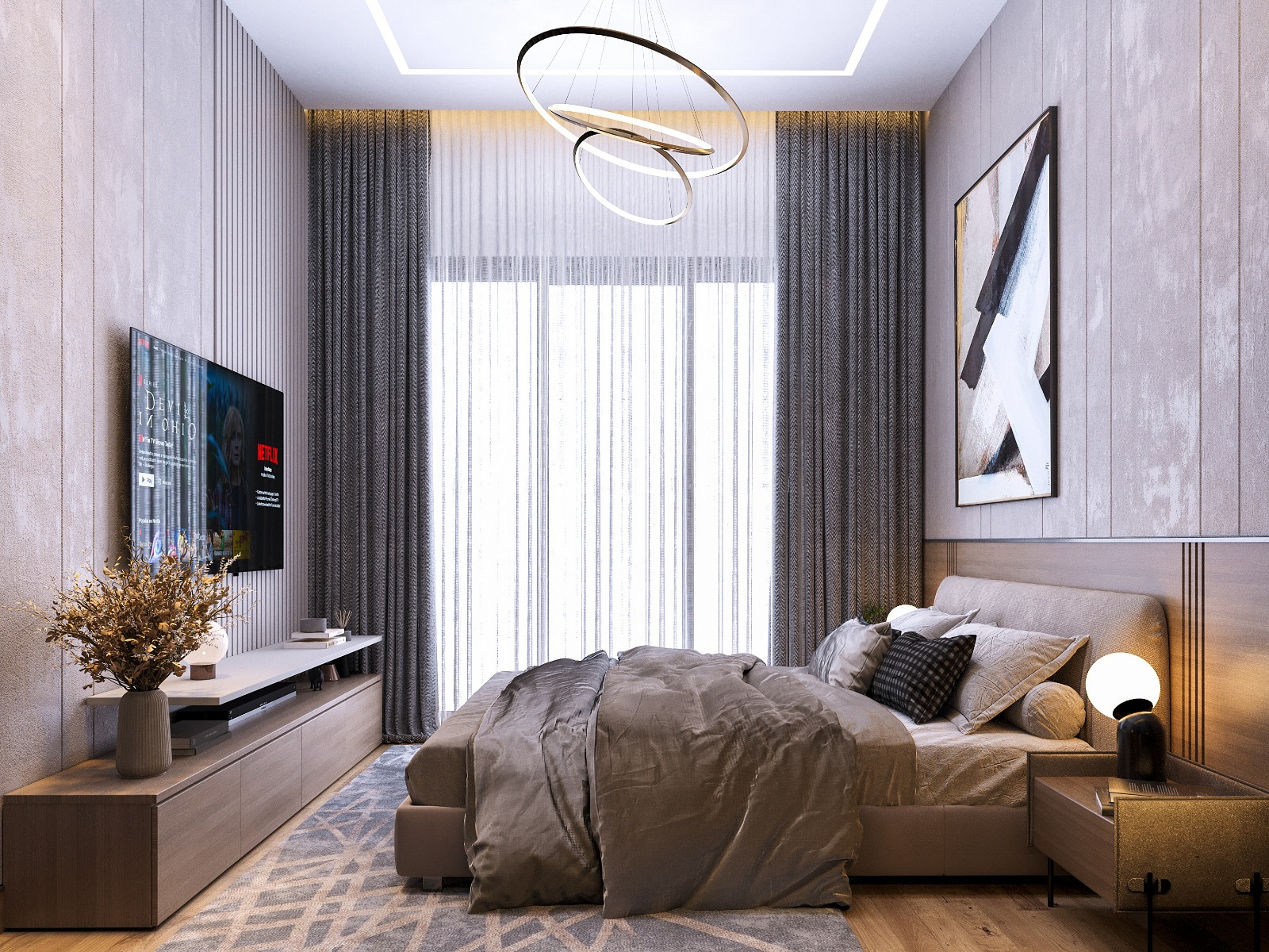 Fountain Residency modern bedroom featuring an upholstered bed, wall-mounted television, elegant ring chandelier, bedside lighting, and floor-to-ceiling curtains.