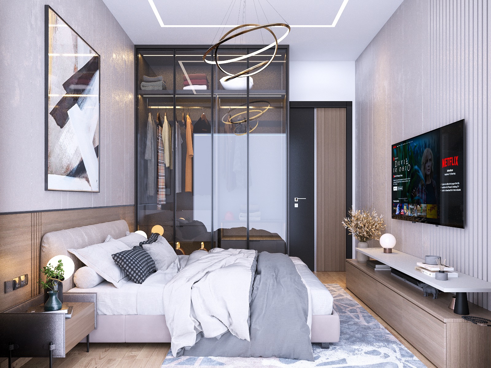 Fountain Residency luxury bedroom with a double bed, glass-front fitted wardrobes, modern ring chandelier, wall-mounted television, and wooden bedside tables.