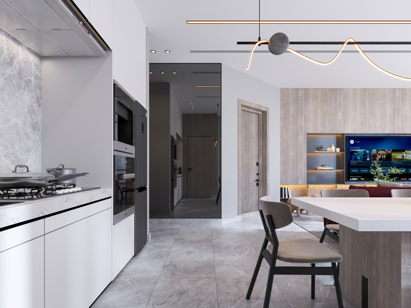 Fountain Residency open-plan apartment interior featuring a modern fitted kitchen, white dining table, integrated appliances, contemporary lighting, and an adjoining living room.