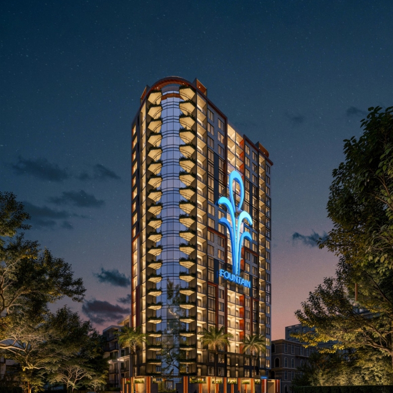 Fountain Residency exterior rendering showing a modern high-rise apartment building with illuminated balconies, glass windows, landscaped surroundings, and a contemporary façade.