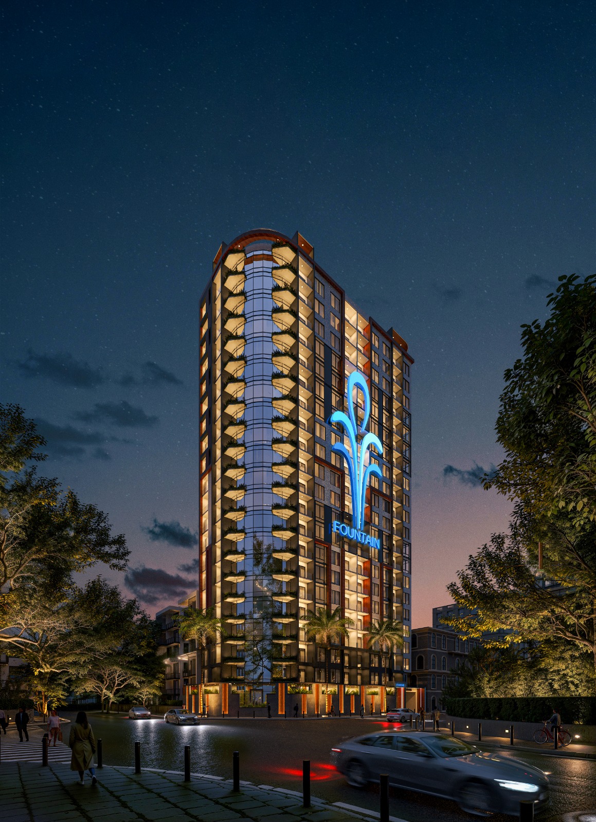 Fountain Residency exterior rendering showing a modern high-rise apartment building with illuminated balconies, glass windows, landscaped surroundings, and a contemporary façade.