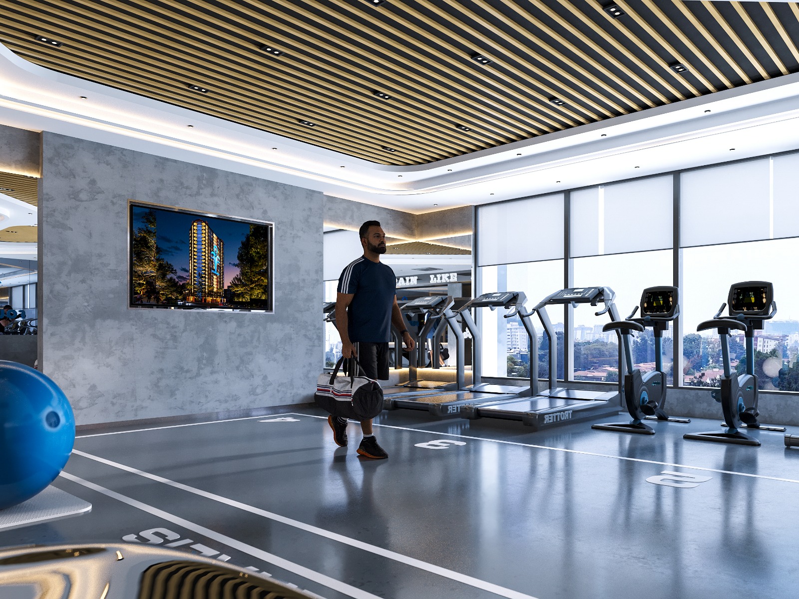 Fountain Residency modern fitness gym featuring treadmills, stationary exercise bikes, floor-to-ceiling windows, contemporary lighting, and a spacious workout area.
