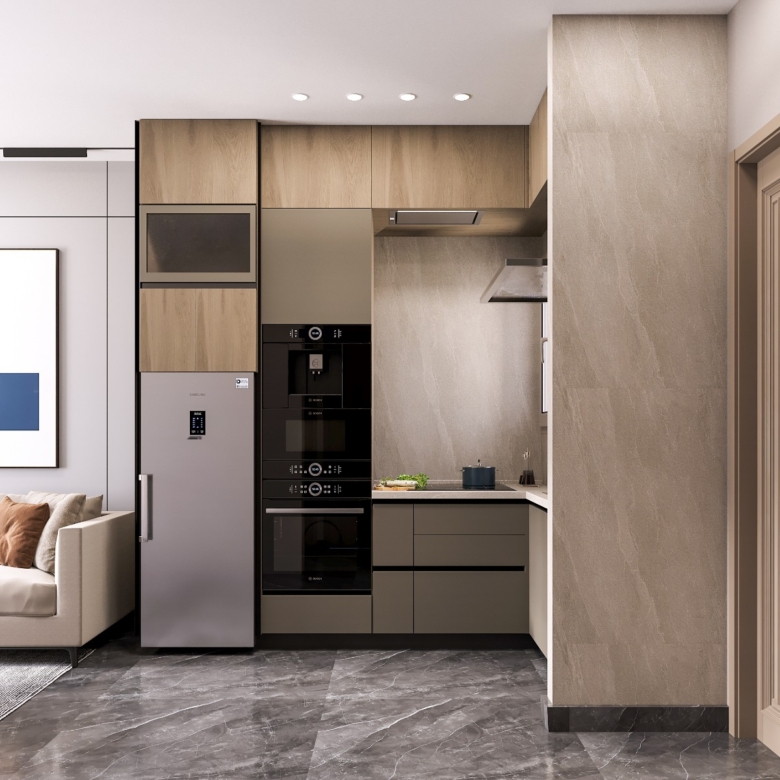 Fountain Residency fitted kitchen featuring wooden cabinets, integrated cooking appliances, white countertops, modern backsplash tiles, and large kitchen windows.