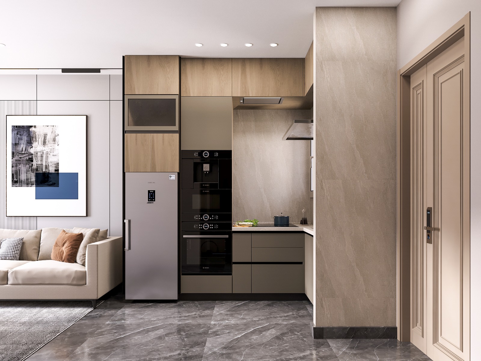 Fountain Residency fitted kitchen featuring wooden cabinets, integrated cooking appliances, white countertops, modern backsplash tiles, and large kitchen windows.