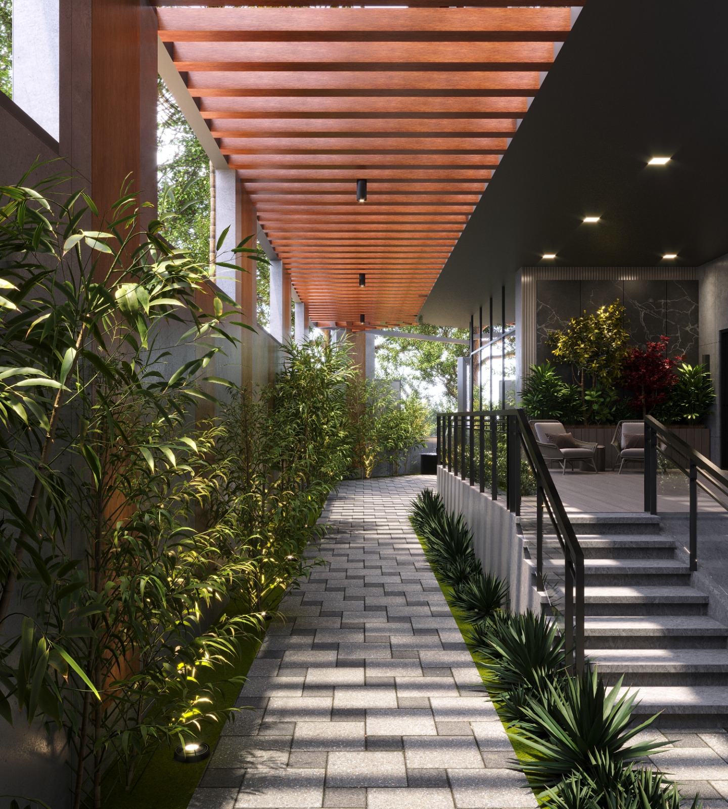 Fountain Residency landscaped garden walkway featuring lush green plants, a wooden pergola, paved pathways, outdoor seating, and decorative garden lighting.