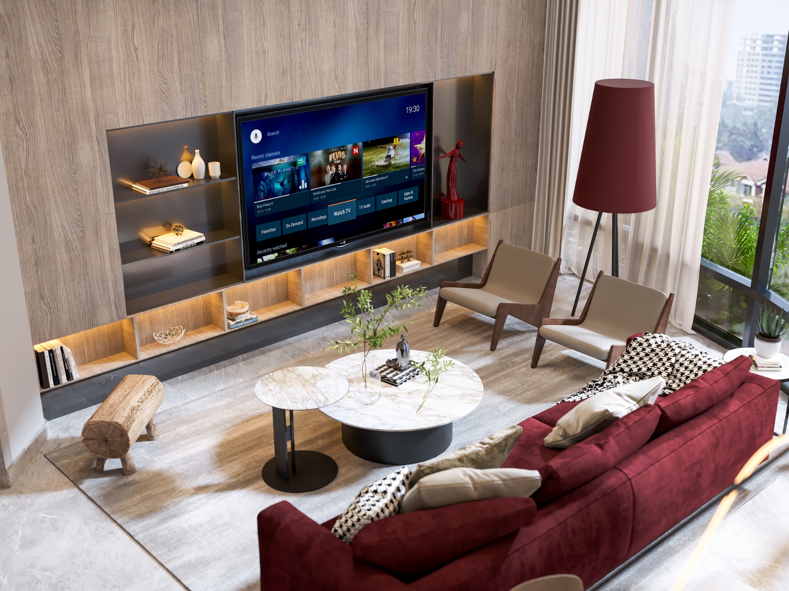 Fountain Residency modern living room featuring a burgundy sofa, marble-look coffee table, wall-mounted television, accent chairs, and contemporary interior finishes.