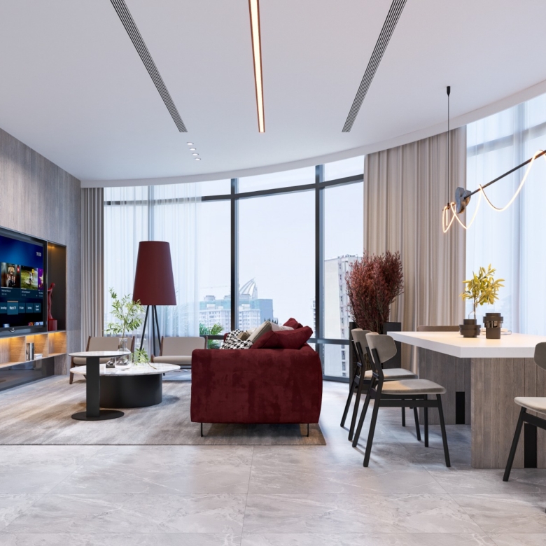 Fountain Residency spacious living and dining room featuring a burgundy sofa, modern dining table, floor-to-ceiling windows, contemporary lighting, and city views.