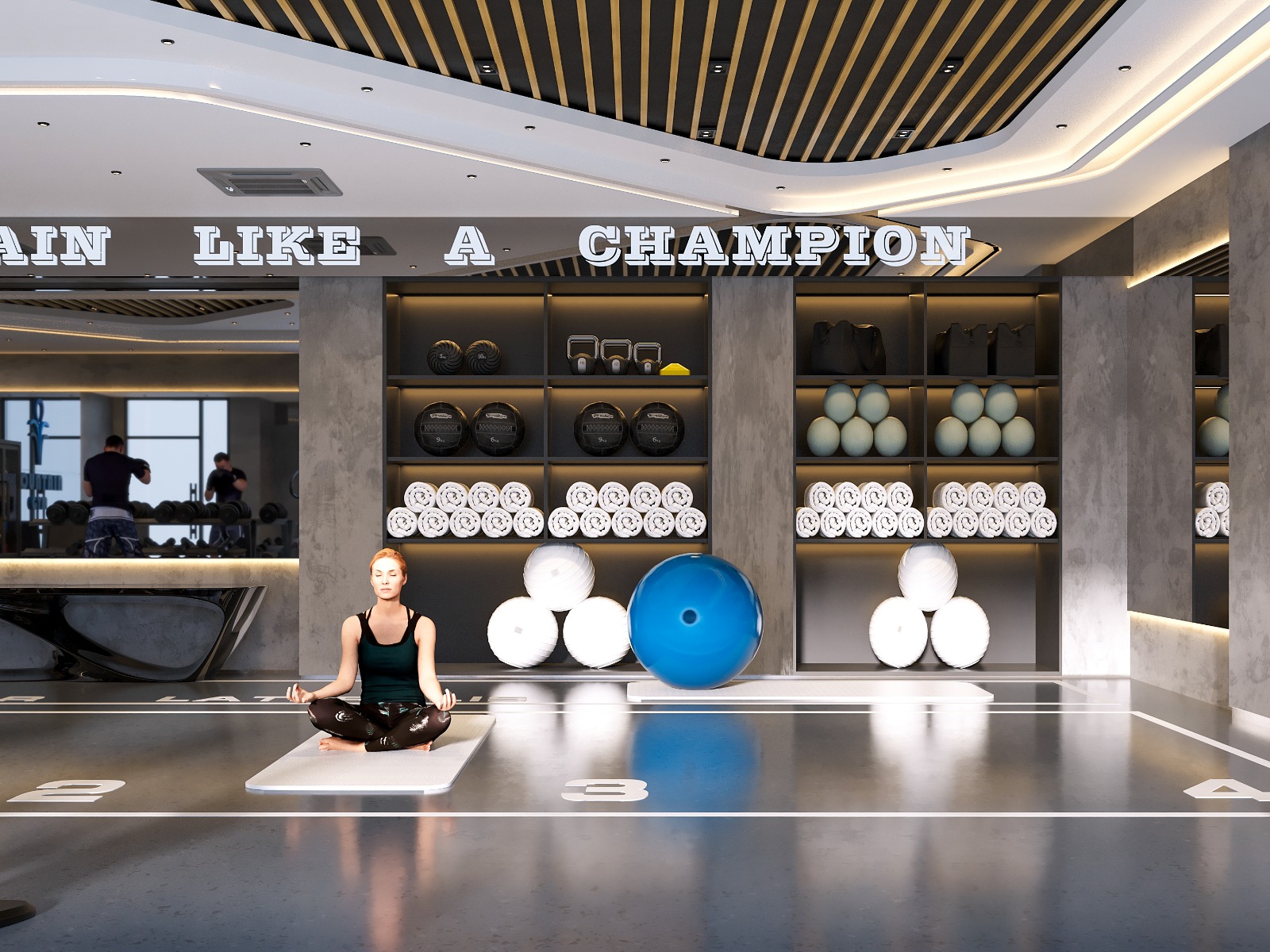 Fountain Residency yoga and wellness studio featuring an open exercise floor, yoga mats, fitness balls, equipment storage shelves, and contemporary ceiling lighting.