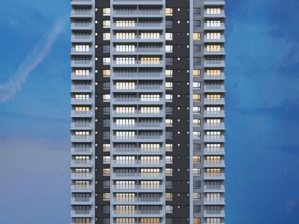 Libra Residence high-rise apartment exterior rendering featuring modern balconies, large windows, illuminated residential floors, and a contemporary entrance.