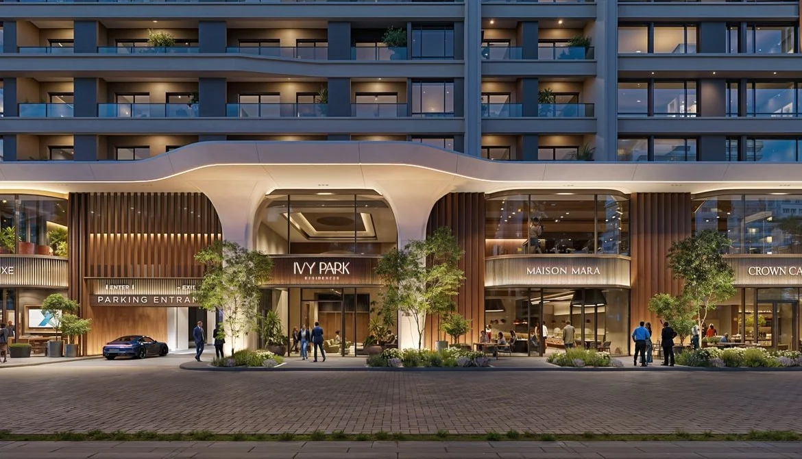 Ivy Park Apartments Kilimani main entrance with retail frontage and modern residential facade