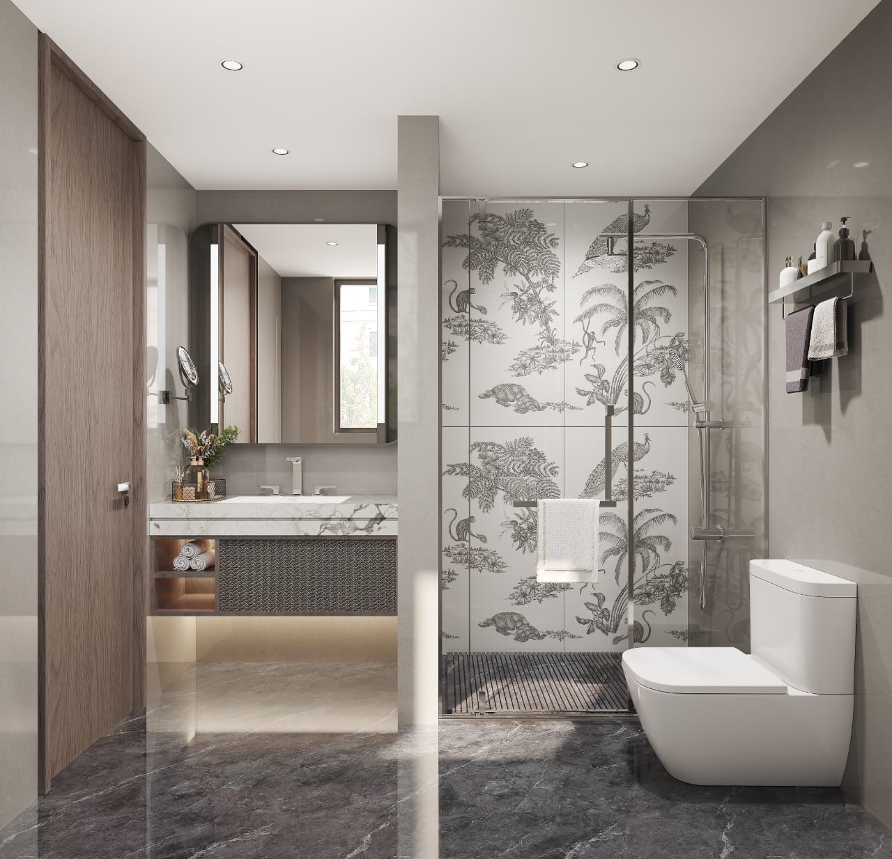 Golden Mansion Apartments luxury bathroom featuring a glass-enclosed shower, decorative wall tiles, floating vanity, illuminated mirror, and modern toilet.