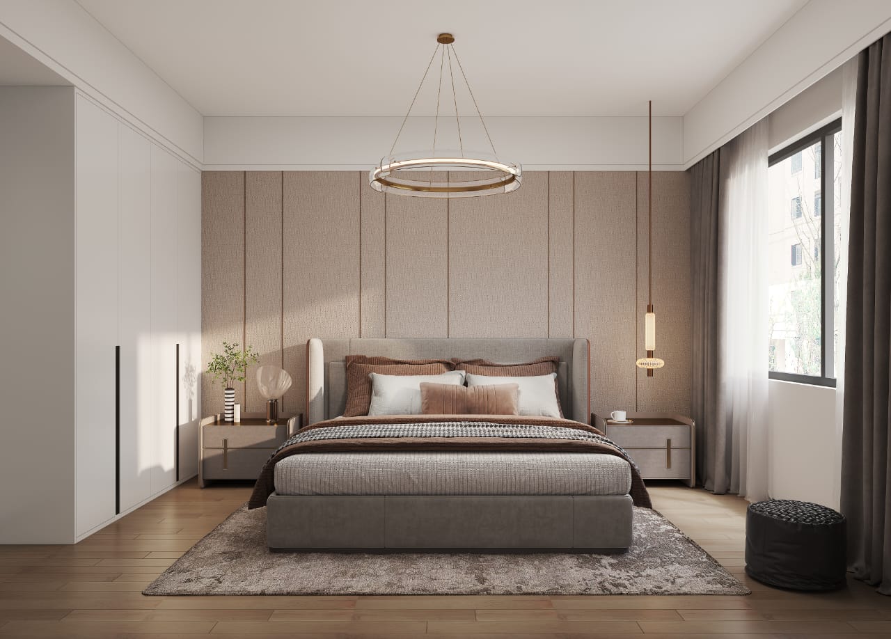 Golden Mansion Apartments modern bedroom featuring an upholstered double bed, built-in wardrobes, circular pendant chandelier, bedside tables, and large windows.