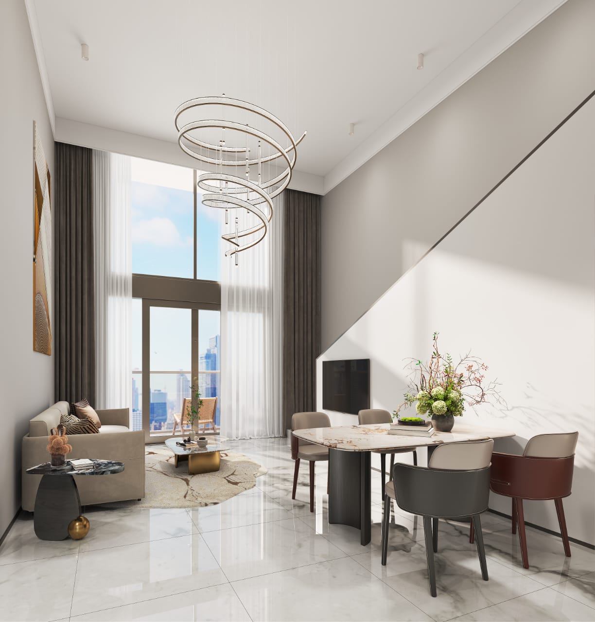 Golden Mansion Apartments double-height living and dining area featuring a spiral chandelier, marble-look flooring, large windows, modern dining furniture, and balcony access.