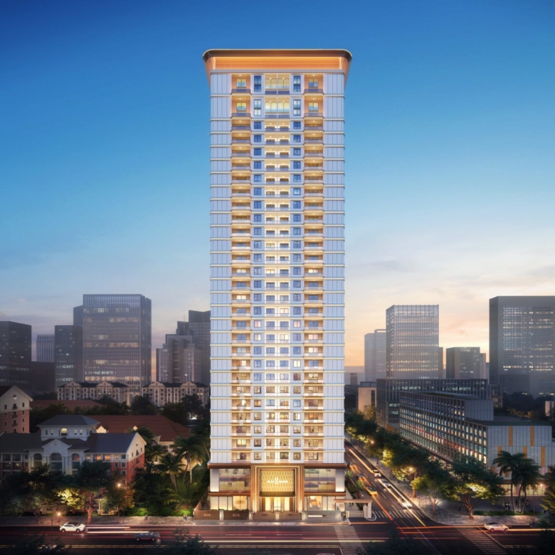 Golden Mansion Apartments high-rise exterior rendering featuring a modern residential tower, illuminated balconies, large windows, and a grand entrance at sunset.