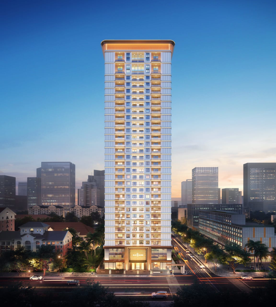 Golden Mansion Apartments high-rise exterior rendering featuring a modern residential tower, illuminated balconies, large windows, and a grand entrance at sunset.