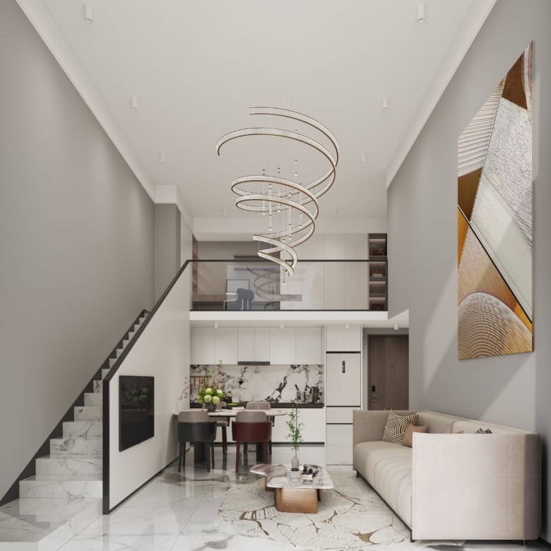 Golden Mansion Apartments double-height living room featuring a spiral chandelier, marble-look flooring, staircase, glass-railed mezzanine, and open-plan kitchen.