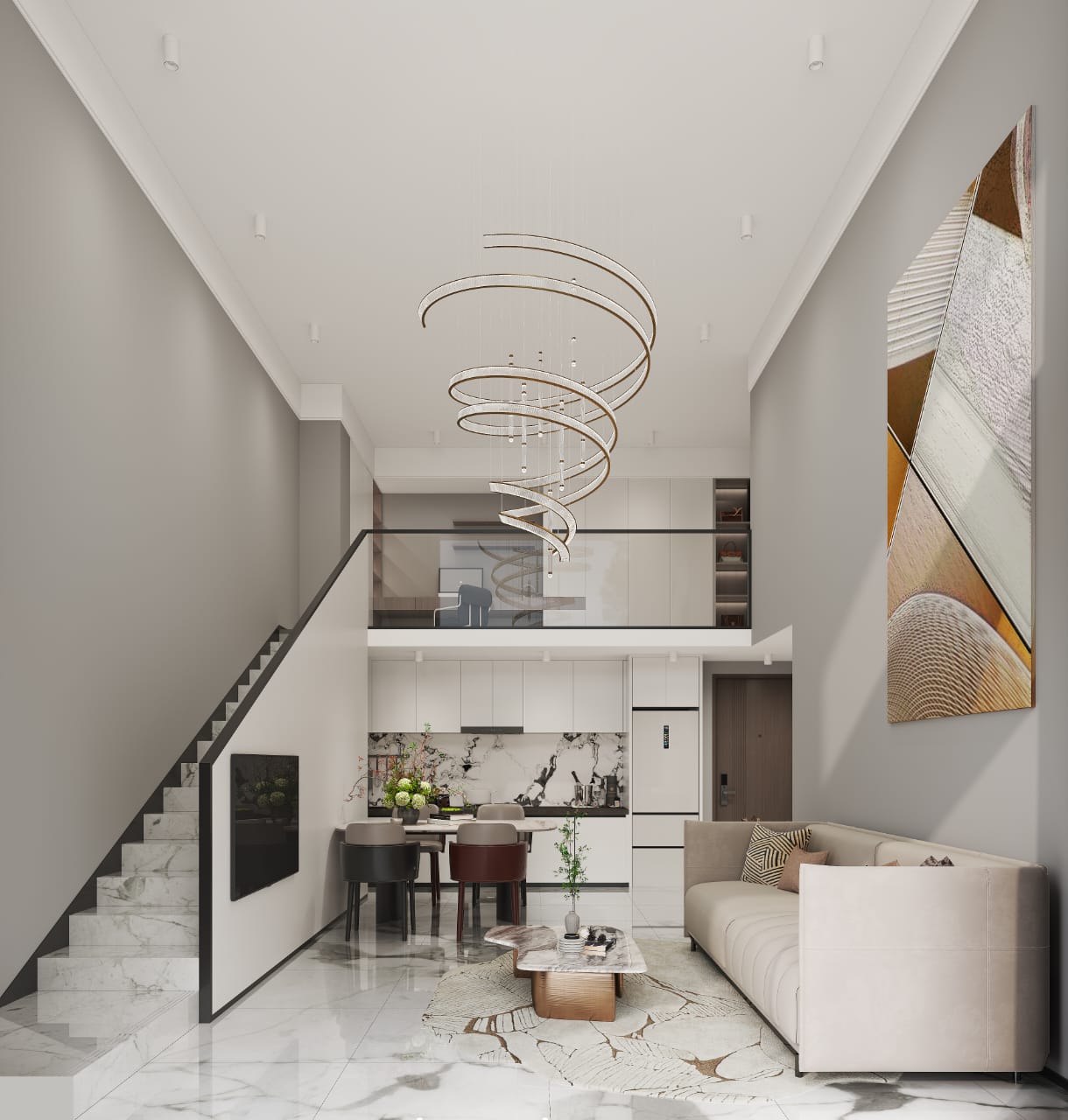 Golden Mansion Apartments double-height living room featuring a spiral chandelier, marble-look flooring, staircase, glass-railed mezzanine, and open-plan kitchen.