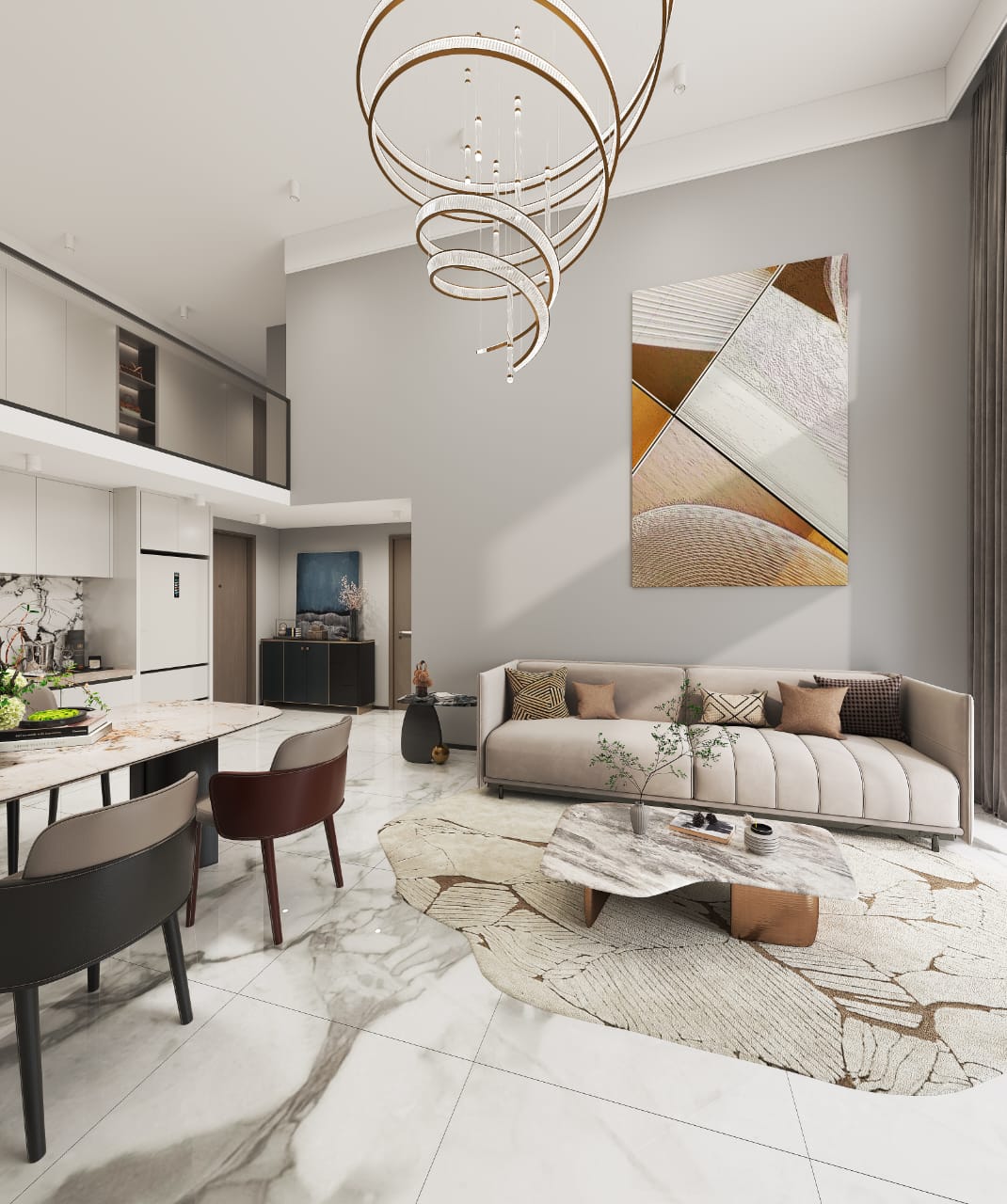 Golden Mansion Apartments double-height living room featuring a large cream sofa, spiral ceiling chandelier, marble flooring, mezzanine balcony, and modern dining space.