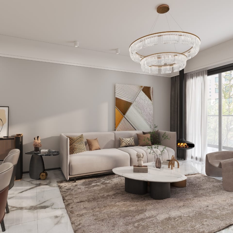 Golden Mansion Apartments luxury living room featuring a cream sectional sofa, modern chandelier, marble-top coffee table, floor-to-ceiling windows, and balcony access