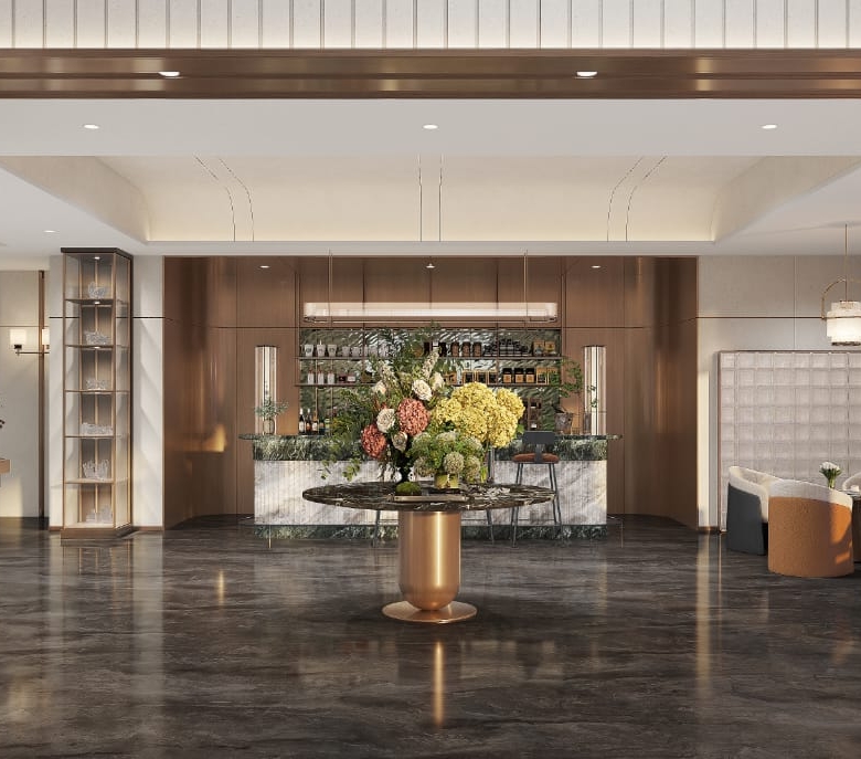 Golden Mansion Apartments residents' lounge and bar rendering featuring marble-look flooring, a stylish bar counter, elegant seating, decorative lighting, and glass display cabinets.