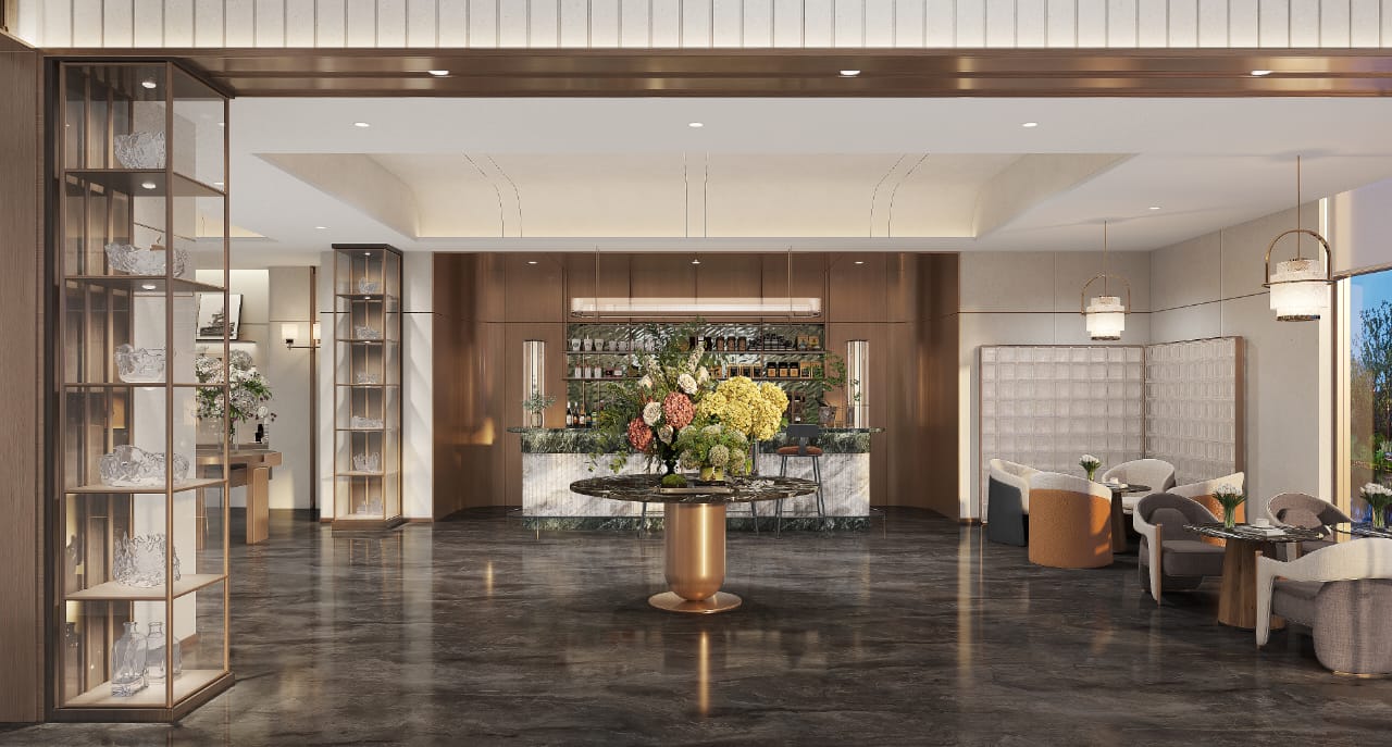 Golden Mansion Apartments residents' lounge and bar rendering featuring marble-look flooring, a stylish bar counter, elegant seating, decorative lighting, and glass display cabinets.