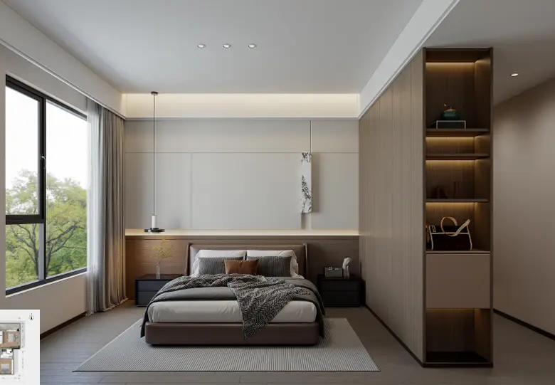 Contemporary bedroom inside a Forest One Residency apartment