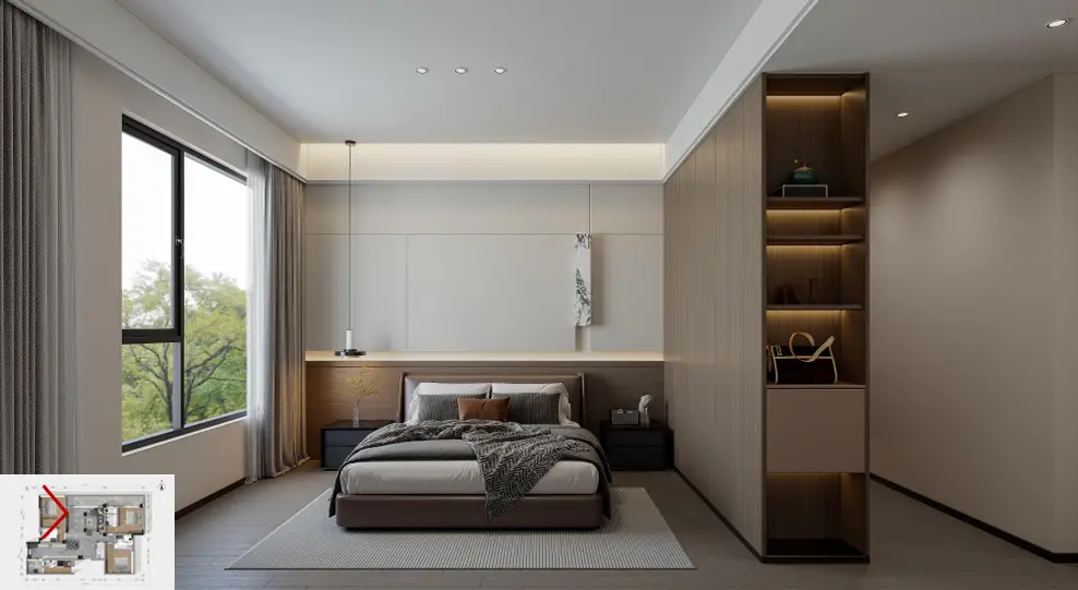 Contemporary bedroom inside a Forest One Residency apartment