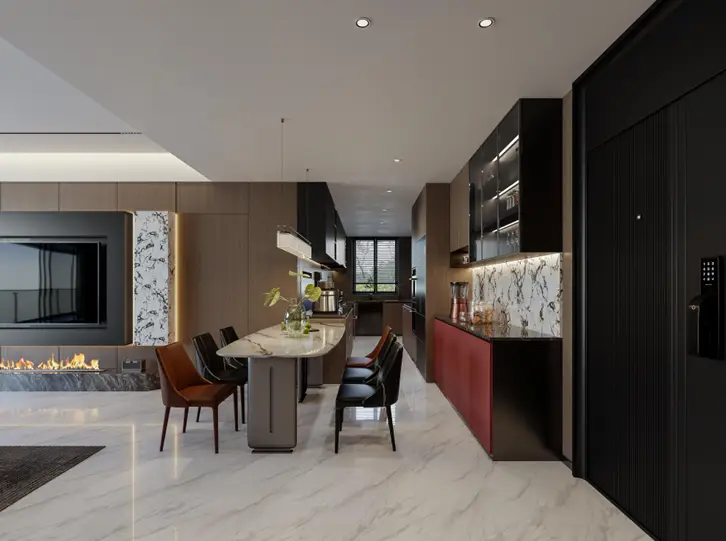 Open-plan dining area and fitted kitchen at Forest One Residency