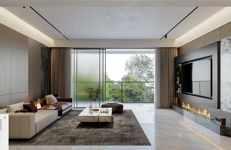Spacious living room with private balcony at Forest One Residency