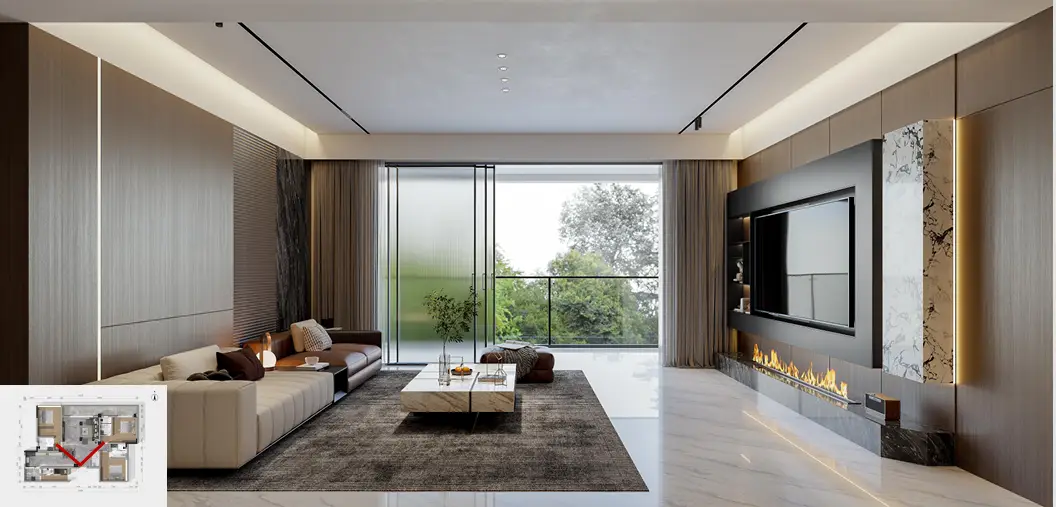 Spacious living room with private balcony at Forest One Residency