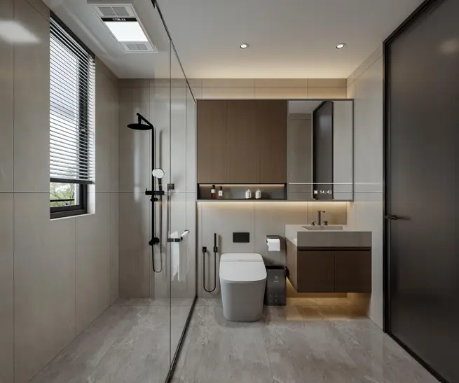 Modern apartment bathroom with glass shower at Forest One Residency
