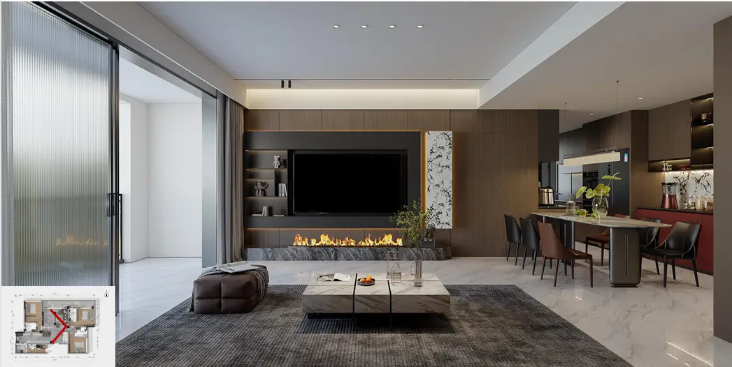 Open-plan living, dining and kitchen area at Forest One Residency