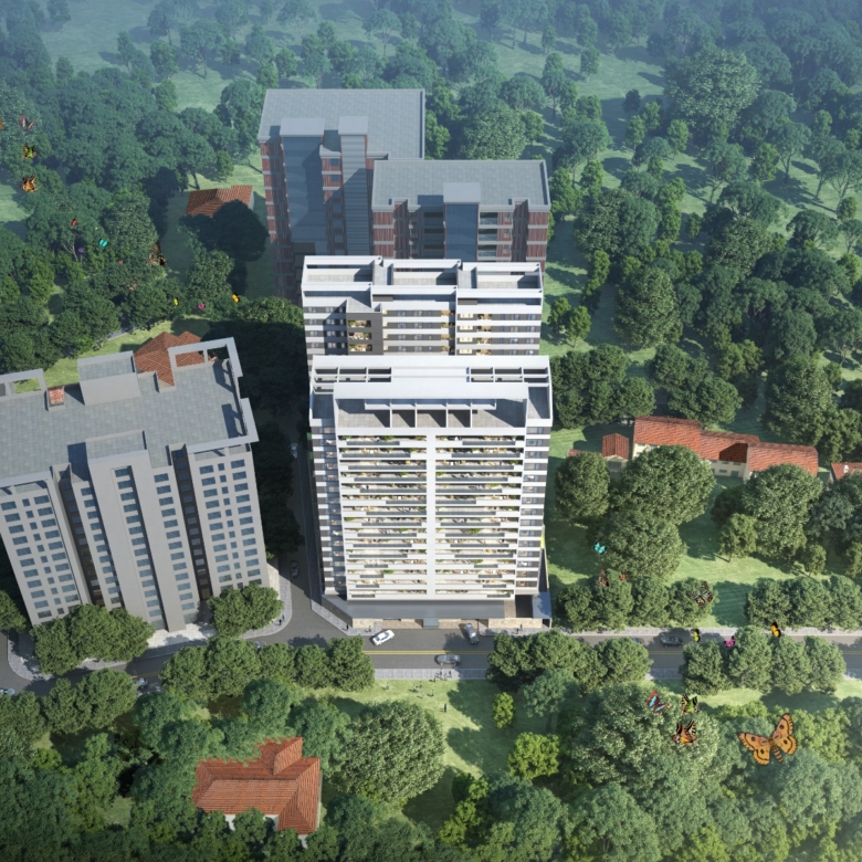 Butterfly Palace apartments aerial exterior view showing modern residential towers surrounded by greenery in Nairobi.