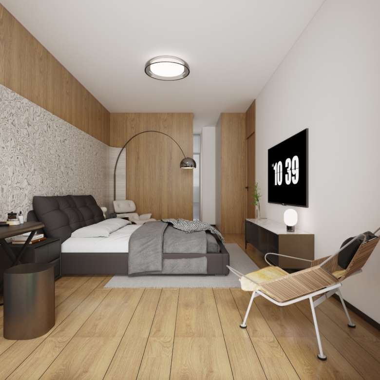 Butterfly Palace modern bedroom with wooden flooring, stylish bed, decorative wall panels, and contemporary furniture.