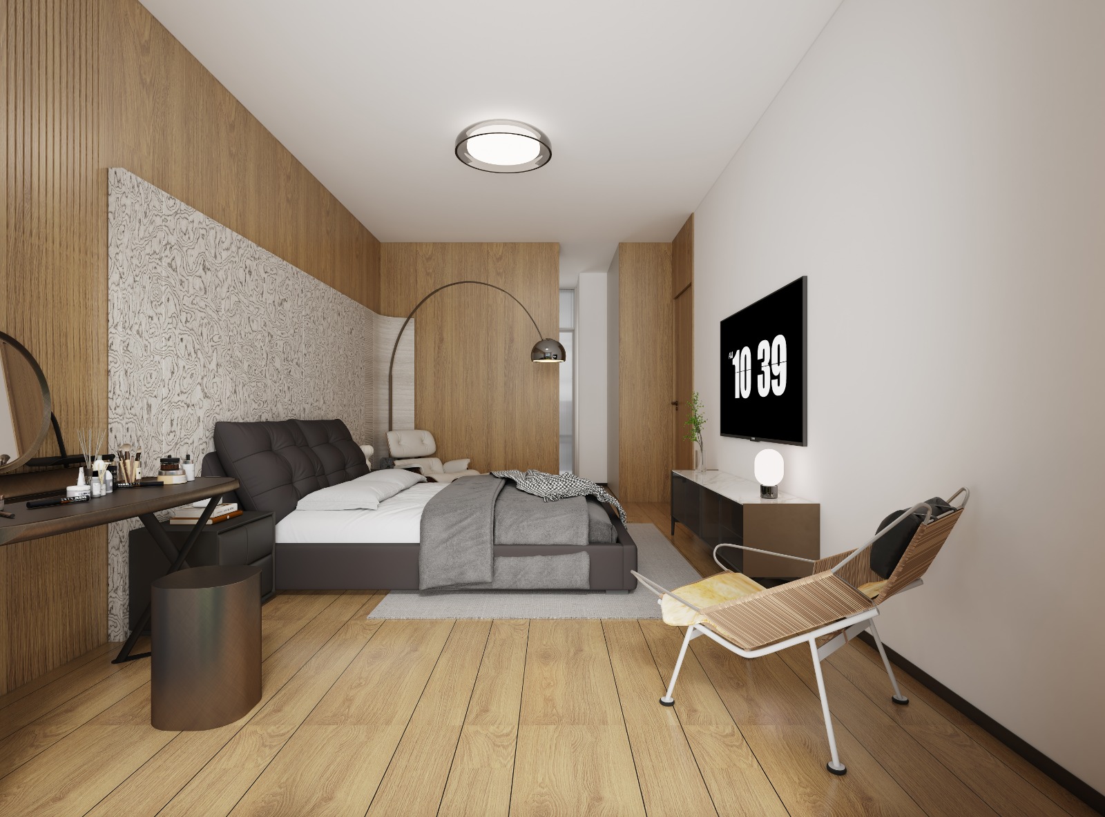 Butterfly Palace modern bedroom with wooden flooring, stylish bed, decorative wall panels, and contemporary furniture.