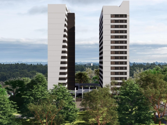 Butterfly Palace apartments exterior showing two modern residential towers with balconies and surrounding green landscape.
