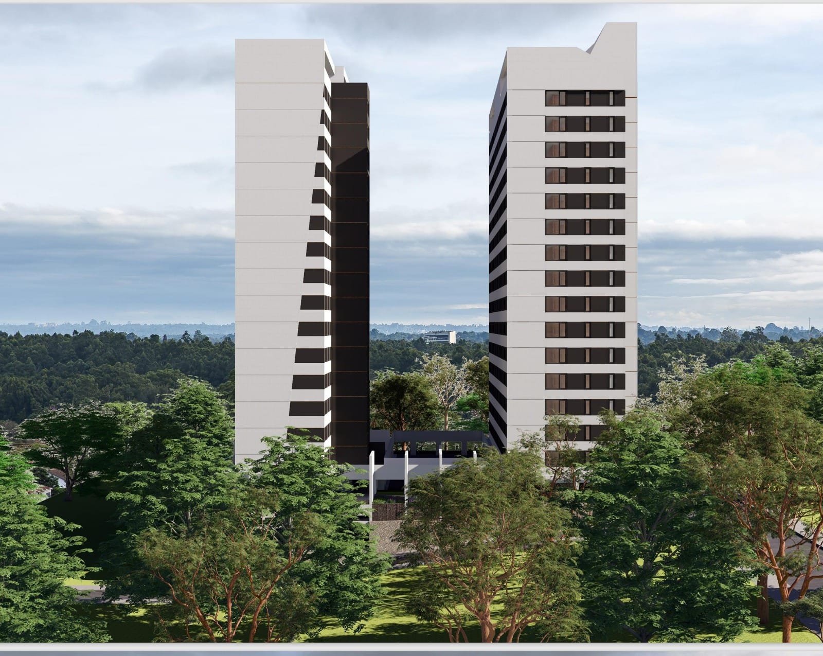 Butterfly Palace apartments exterior showing two modern residential towers with balconies and surrounding green landscape.