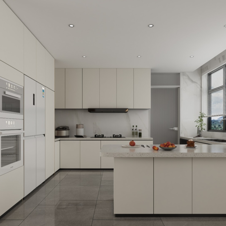 Butterfly Palace modern kitchen with white fitted cabinets, built-in appliances, spacious countertops, and breakfast island.