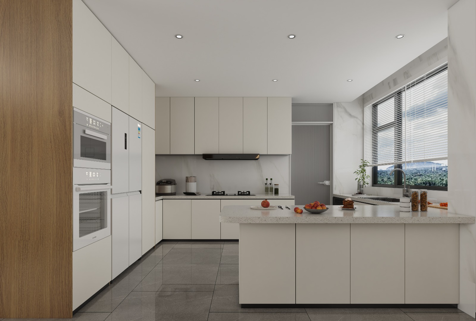 Butterfly Palace modern kitchen with white fitted cabinets, built-in appliances, spacious countertops, and breakfast island.