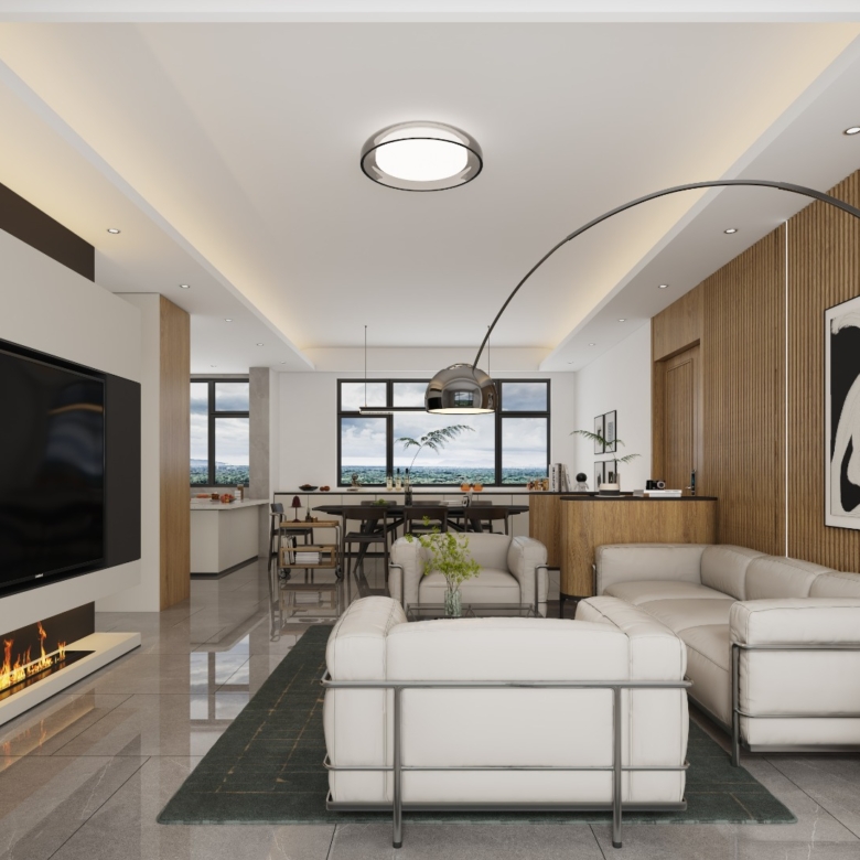 Butterfly Palace spacious living room with white sofas, decorative wooden wall panels, modern lighting, and open-plan dining area.