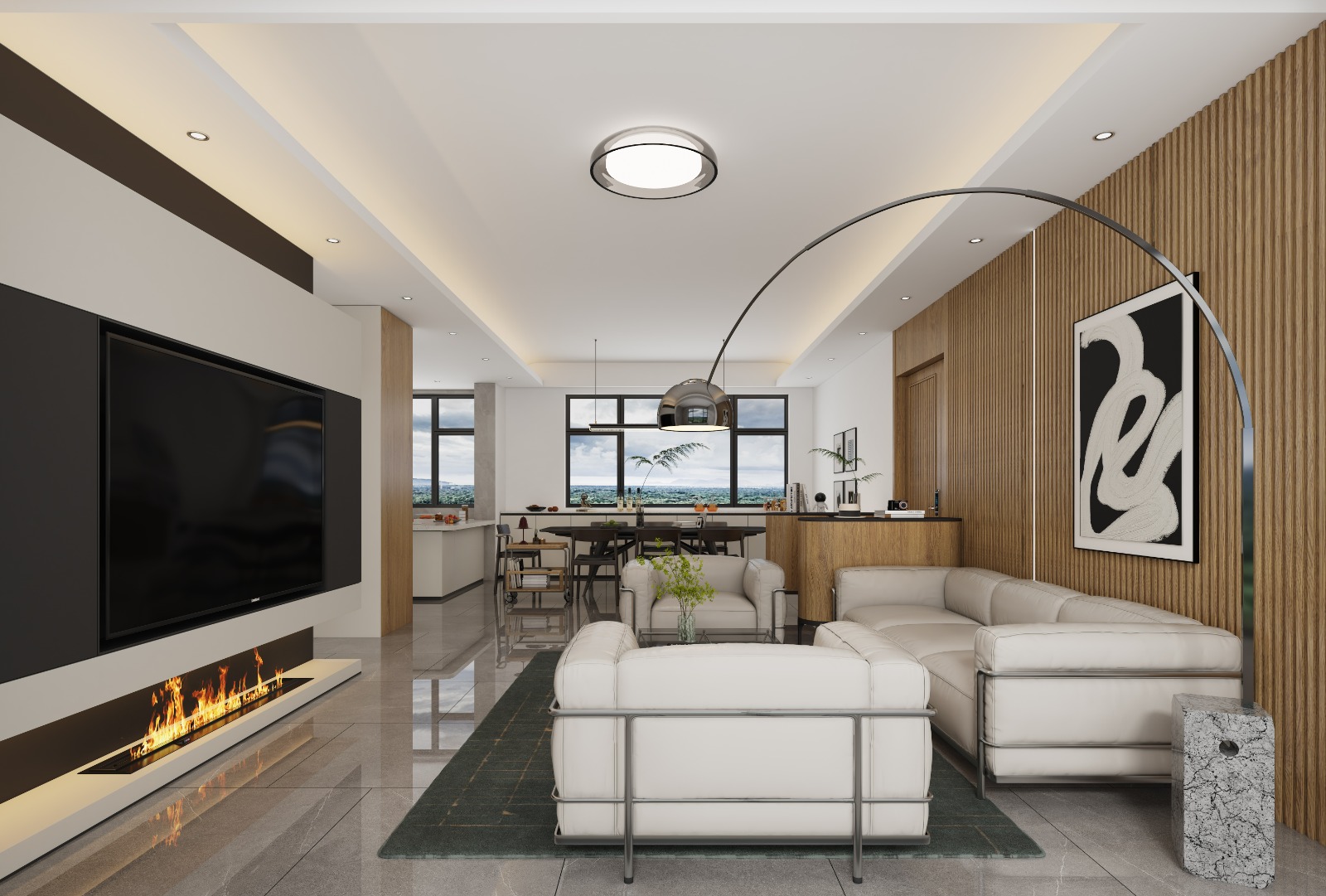 Butterfly Palace spacious living room with white sofas, decorative wooden wall panels, modern lighting, and open-plan dining area.