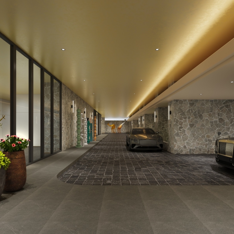 Butterfly Palace covered parking area with modern stone wall finishes, decorative lighting, and designated vehicle spaces.