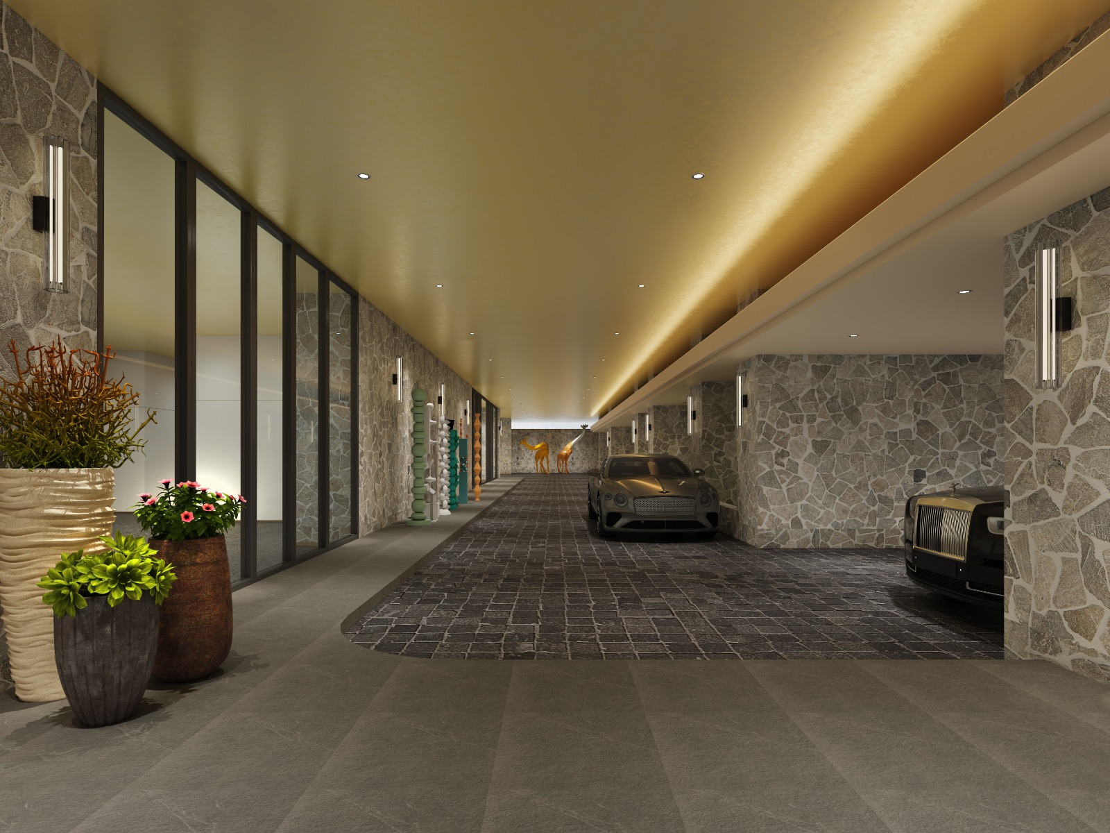 Butterfly Palace covered parking area with modern stone wall finishes, decorative lighting, and designated vehicle spaces.