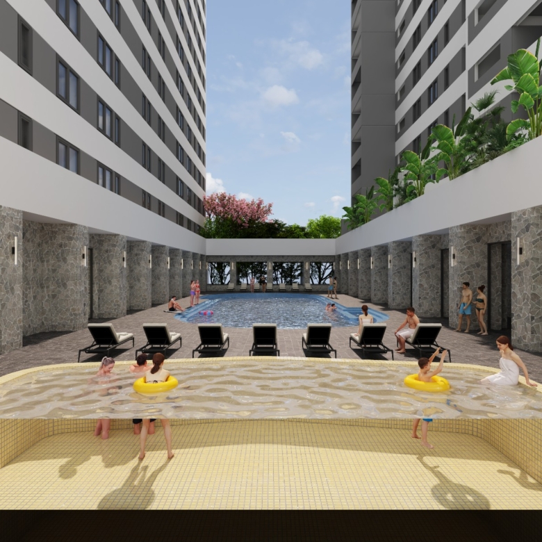 Butterfly Palace swimming pool with children's pool, poolside loungers, landscaped surroundings, and modern residential towers.