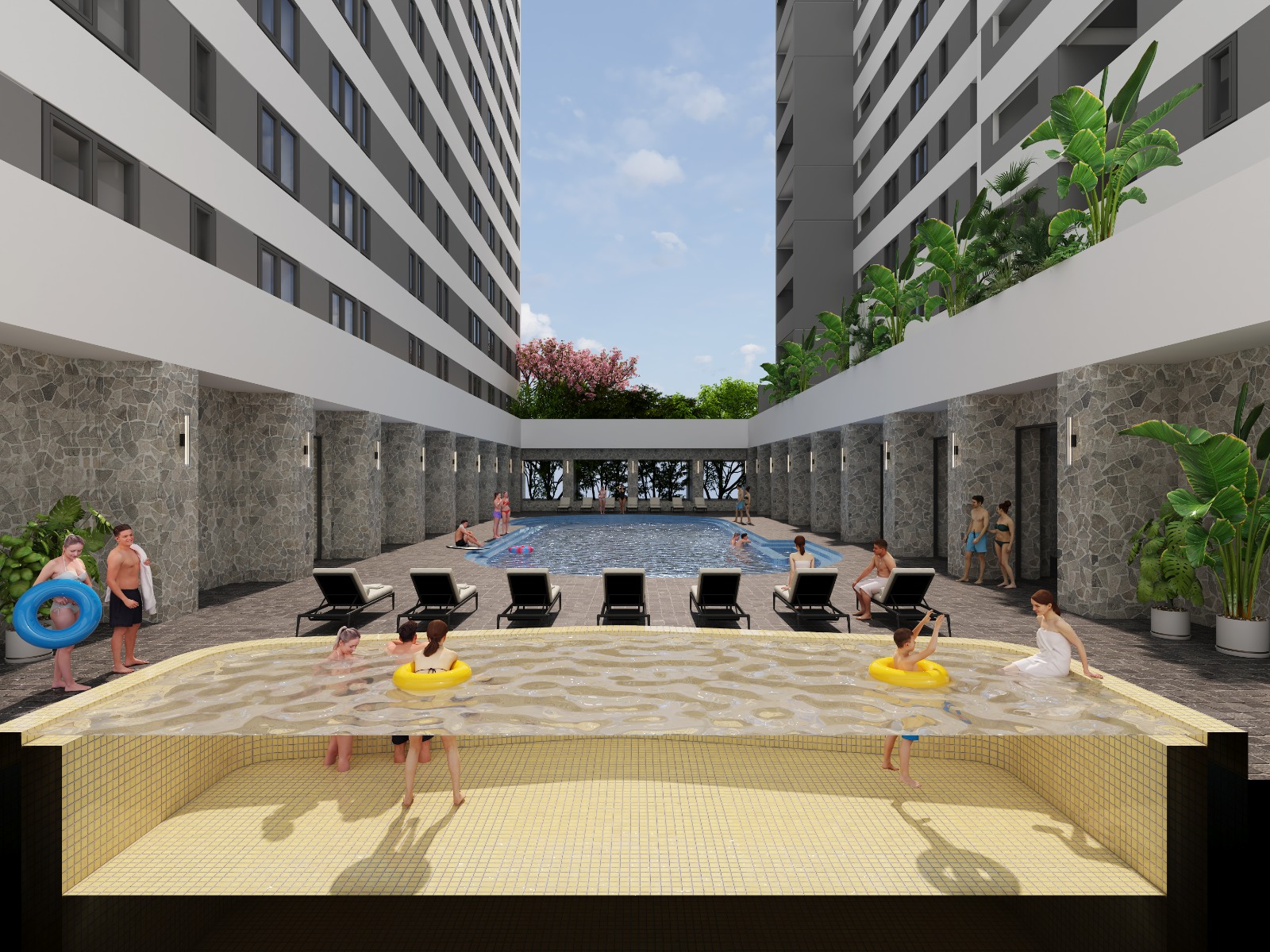 Butterfly Palace swimming pool with children's pool, poolside loungers, landscaped surroundings, and modern residential towers.