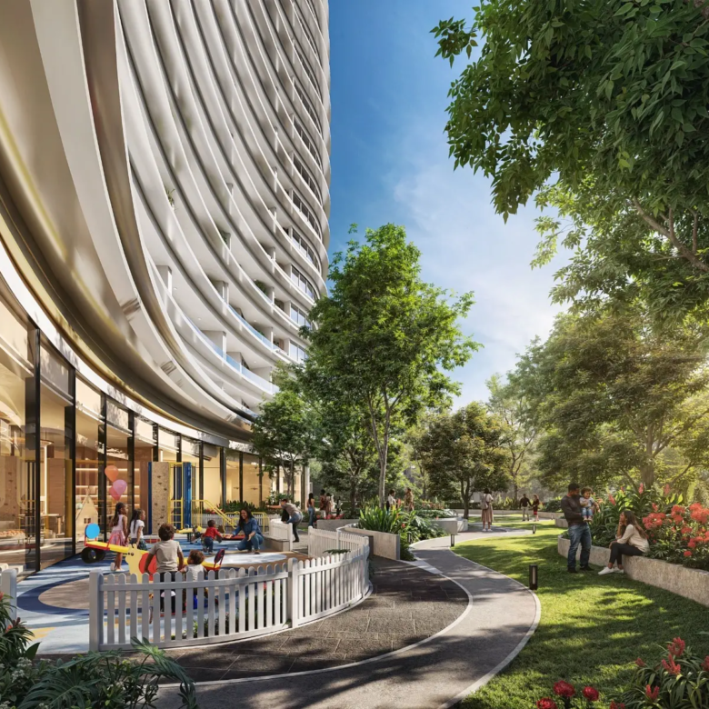 Landscaped children’s play area at Cheval Riverside Apartments
