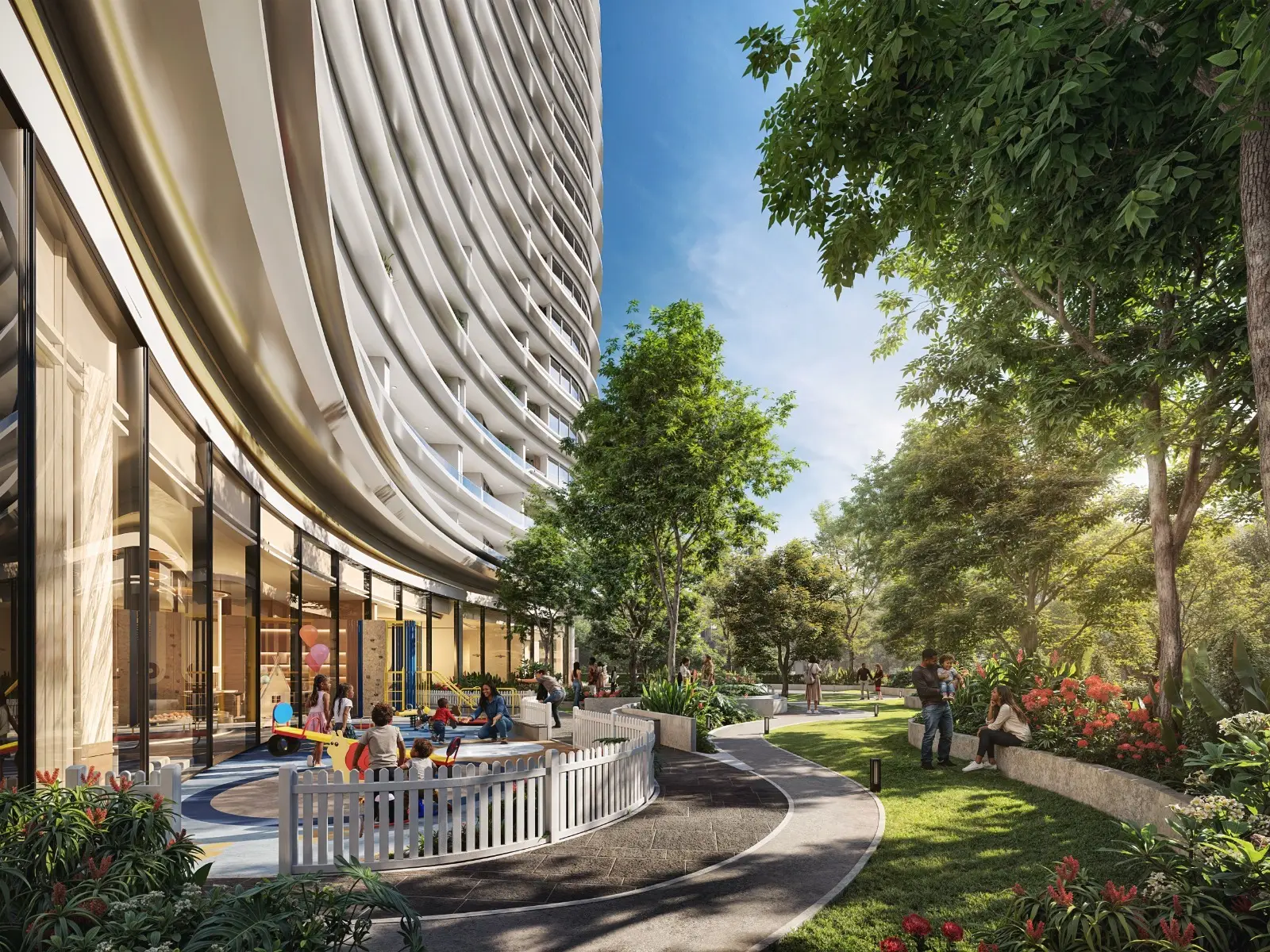 Landscaped children’s play area at Cheval Riverside Apartments