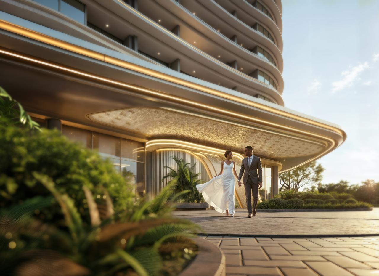 Cheval Riverside luxury apartment entrance with landscaped frontage in Westlands Nairobi