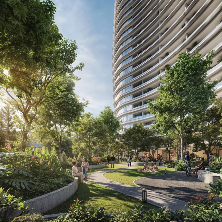 Landscaped garden and outdoor relaxation area at Cheval Riverside