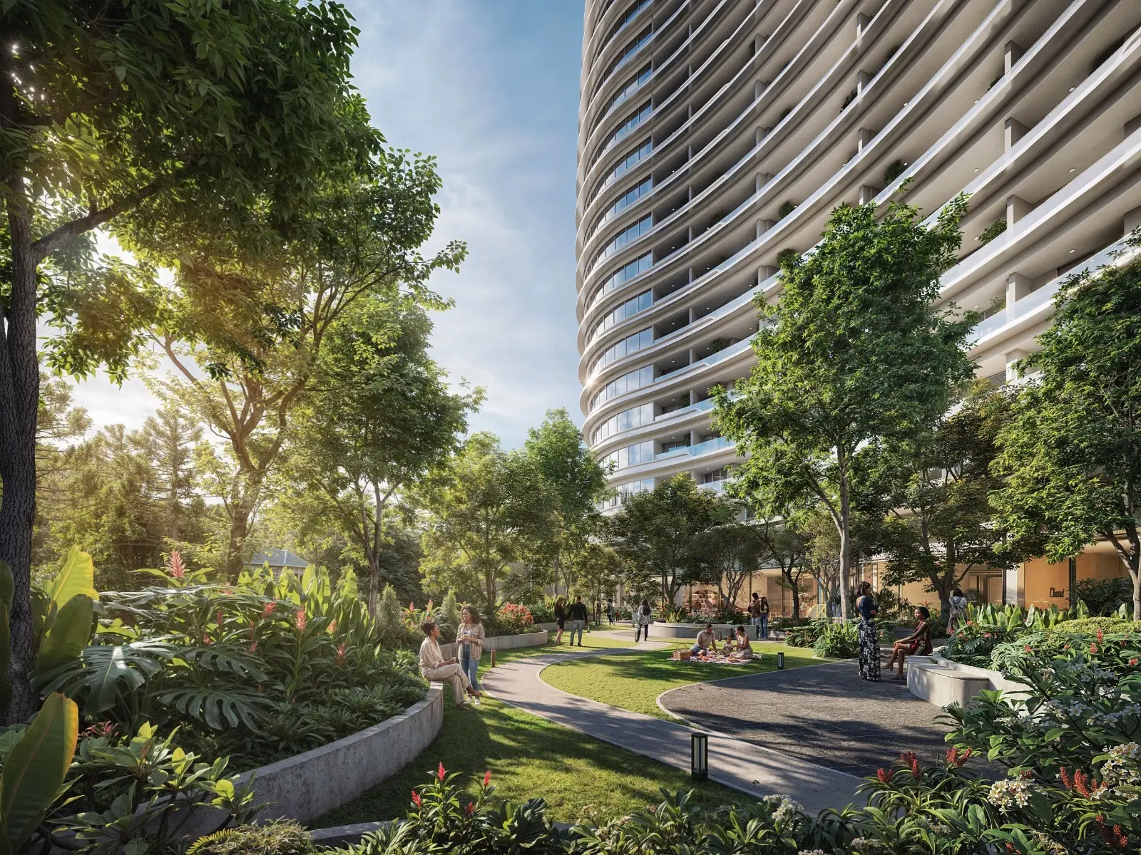 Landscaped garden and outdoor relaxation area at Cheval Riverside